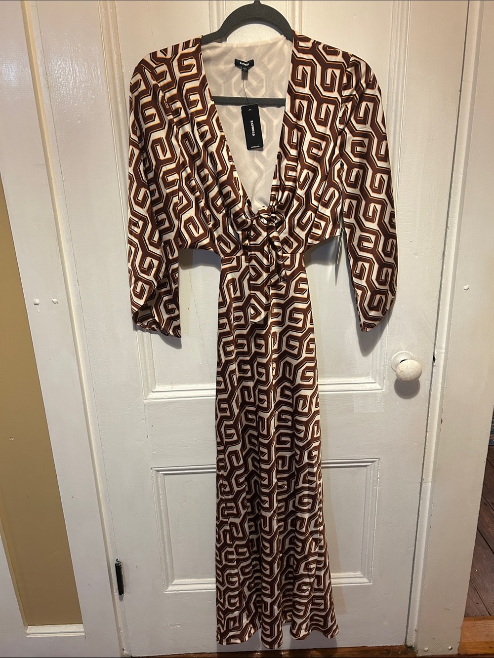 Express Brown & Cream Geometric Tie-Front Maxi Dress